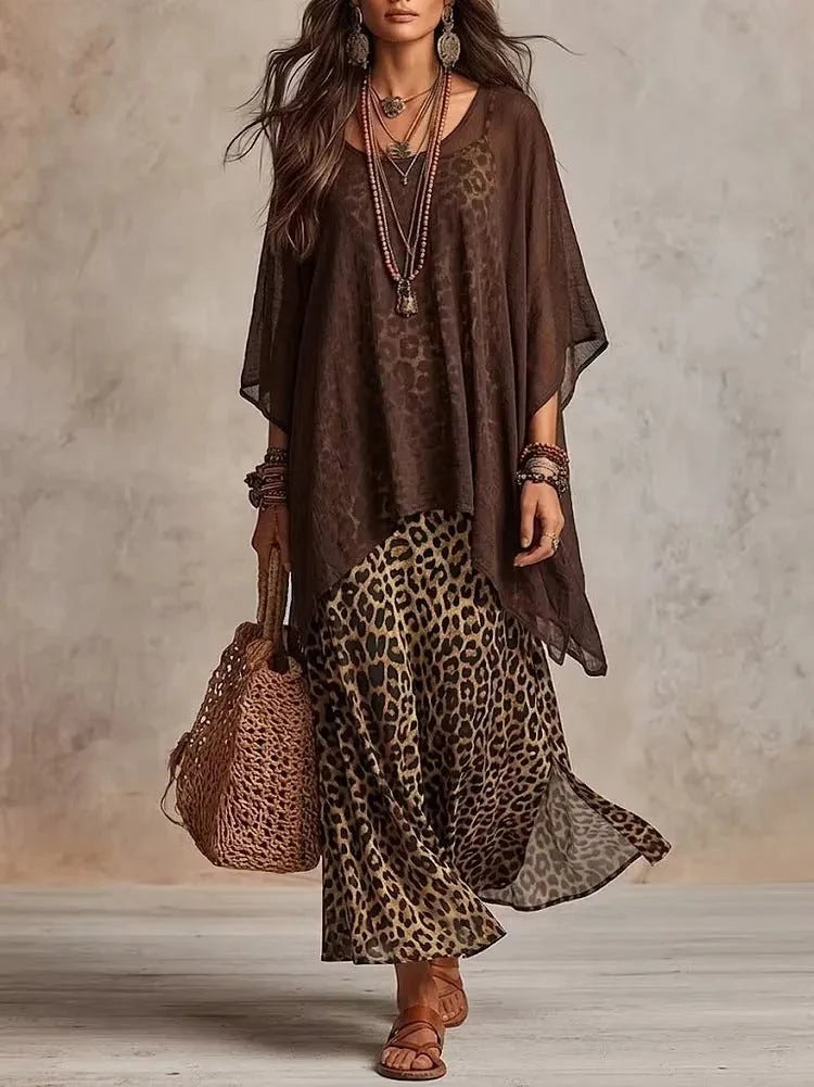 Vestido largo en capas con estampado de leopardo de estilo bohemio
