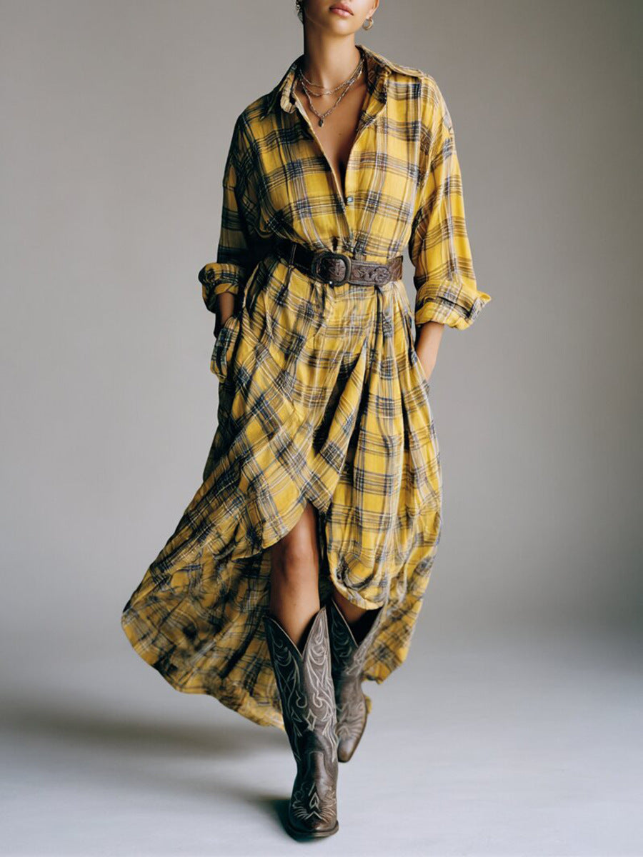 Vestido Camisero de Cuadros Retro con Cinturón