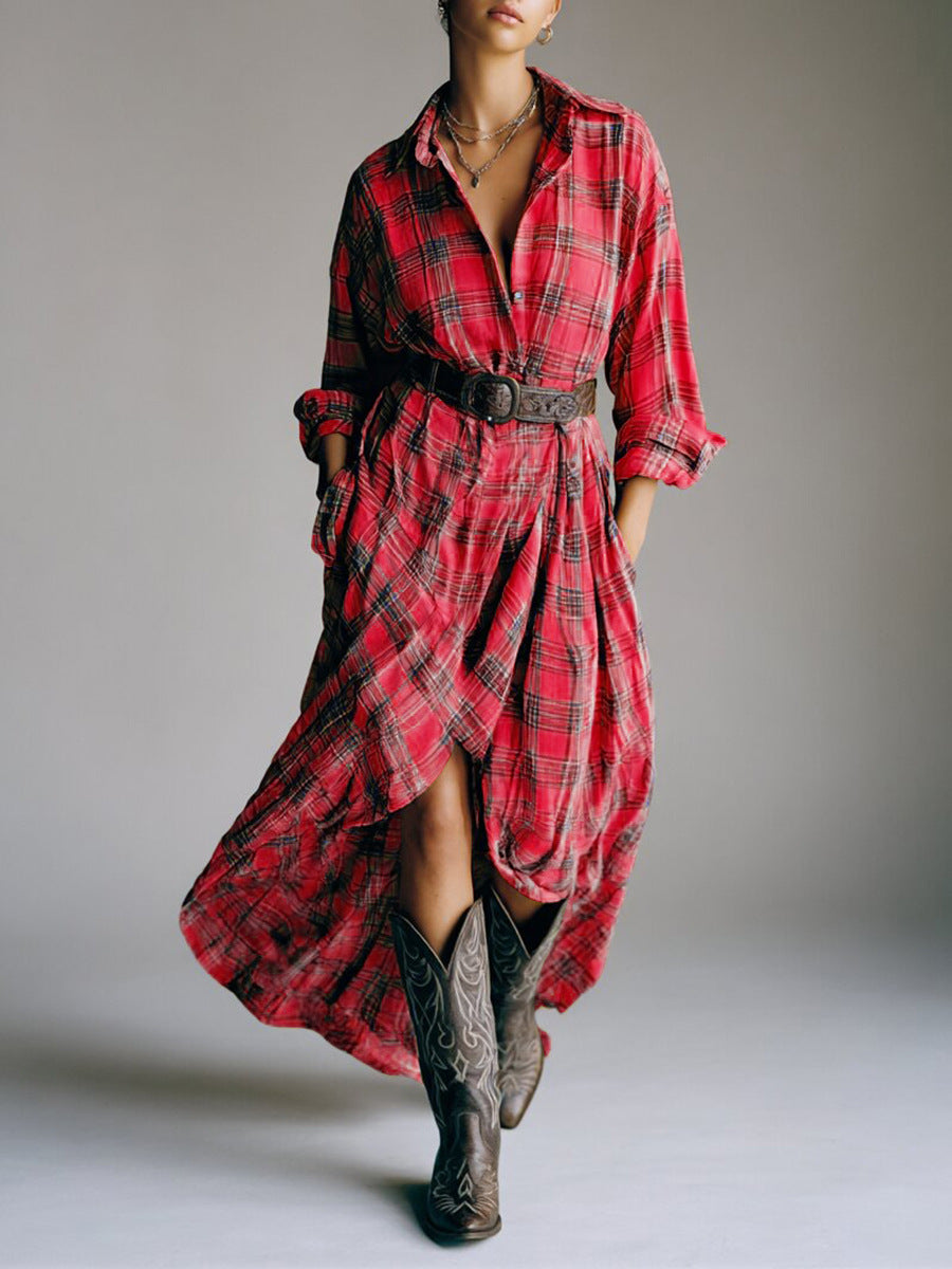 Vestido Camisero de Cuadros Retro con Cinturón