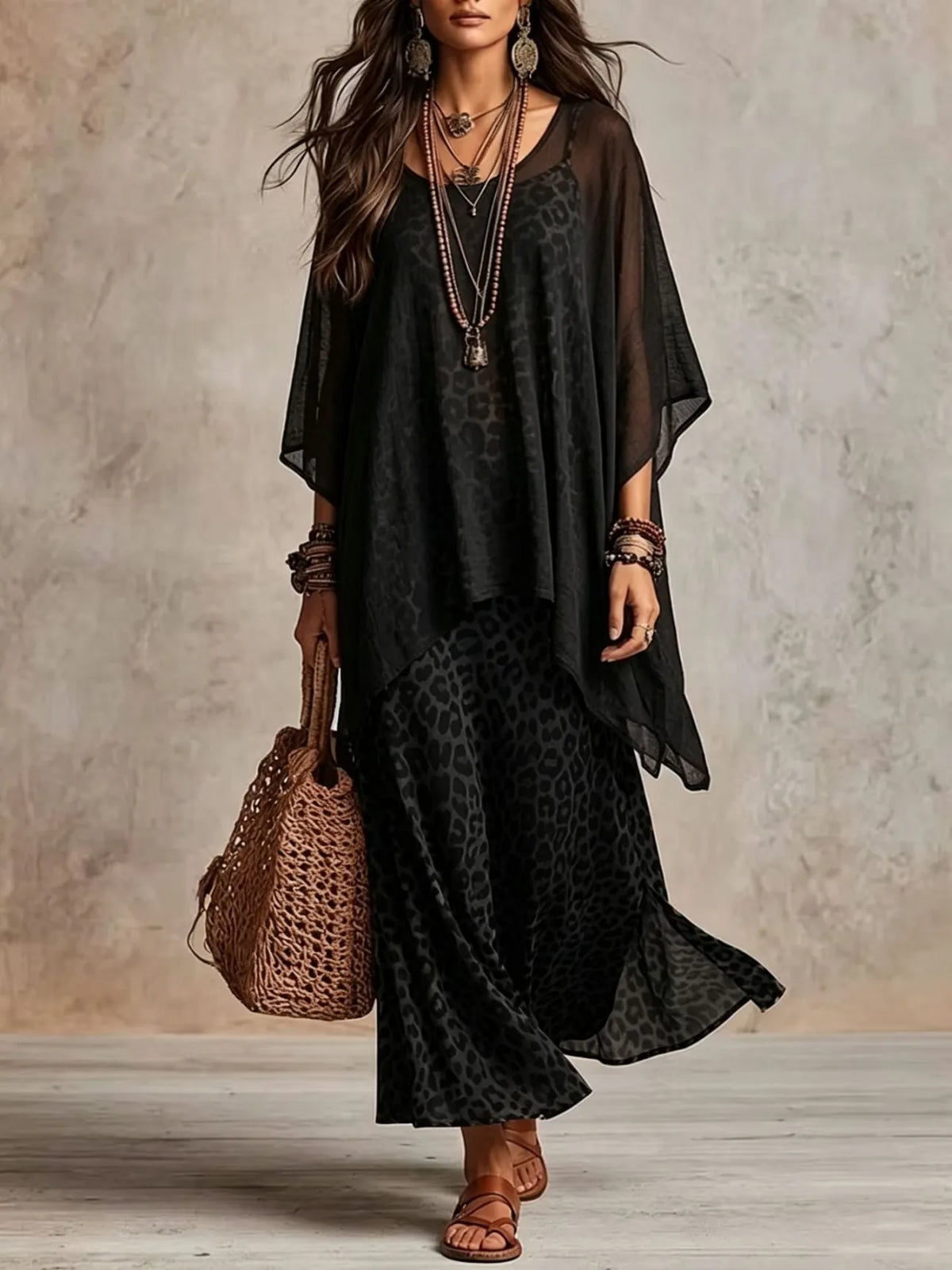 Vestido largo en capas con estampado de leopardo de estilo bohemio