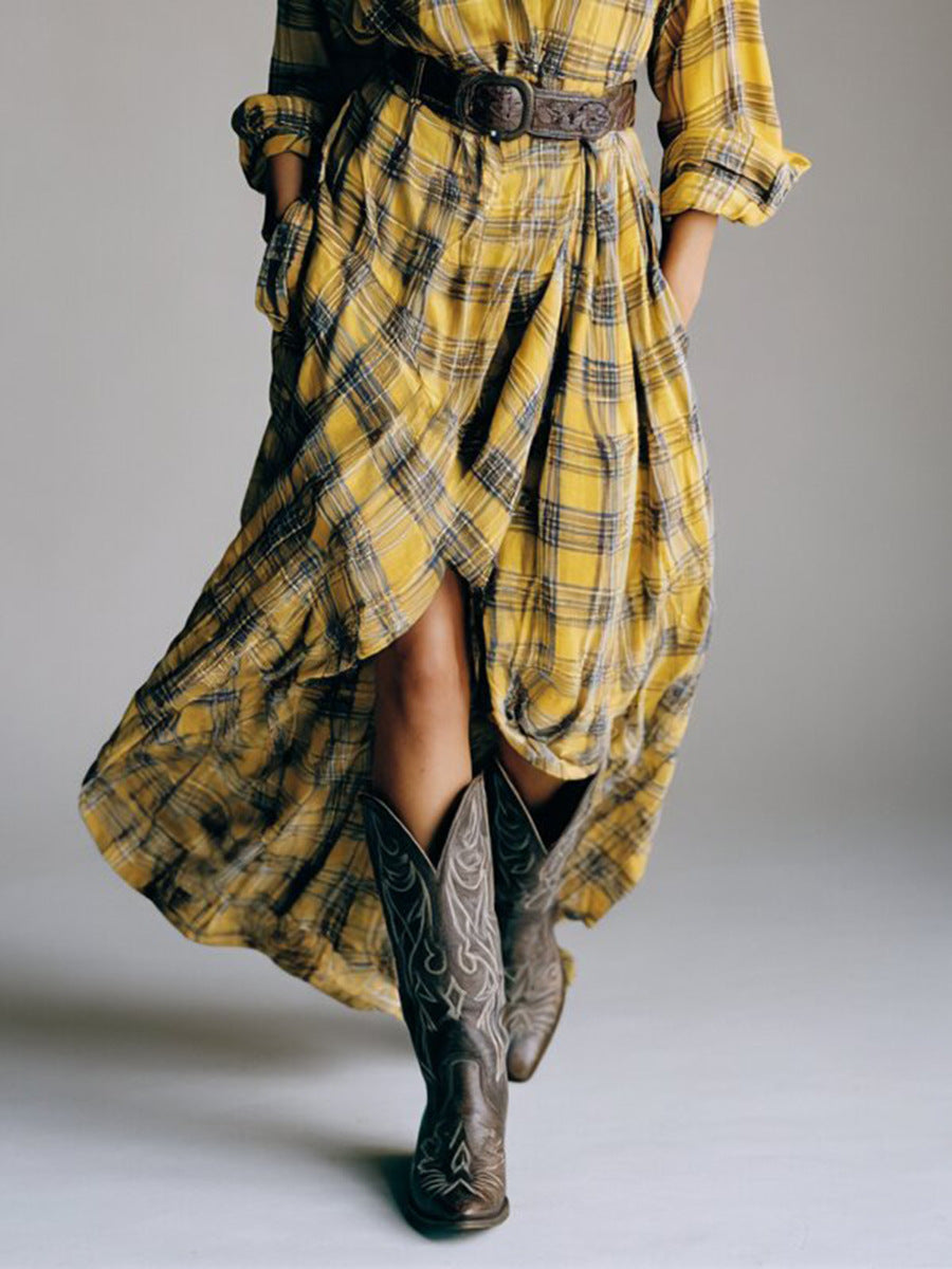 Vestido Camisero de Cuadros Retro con Cinturón
