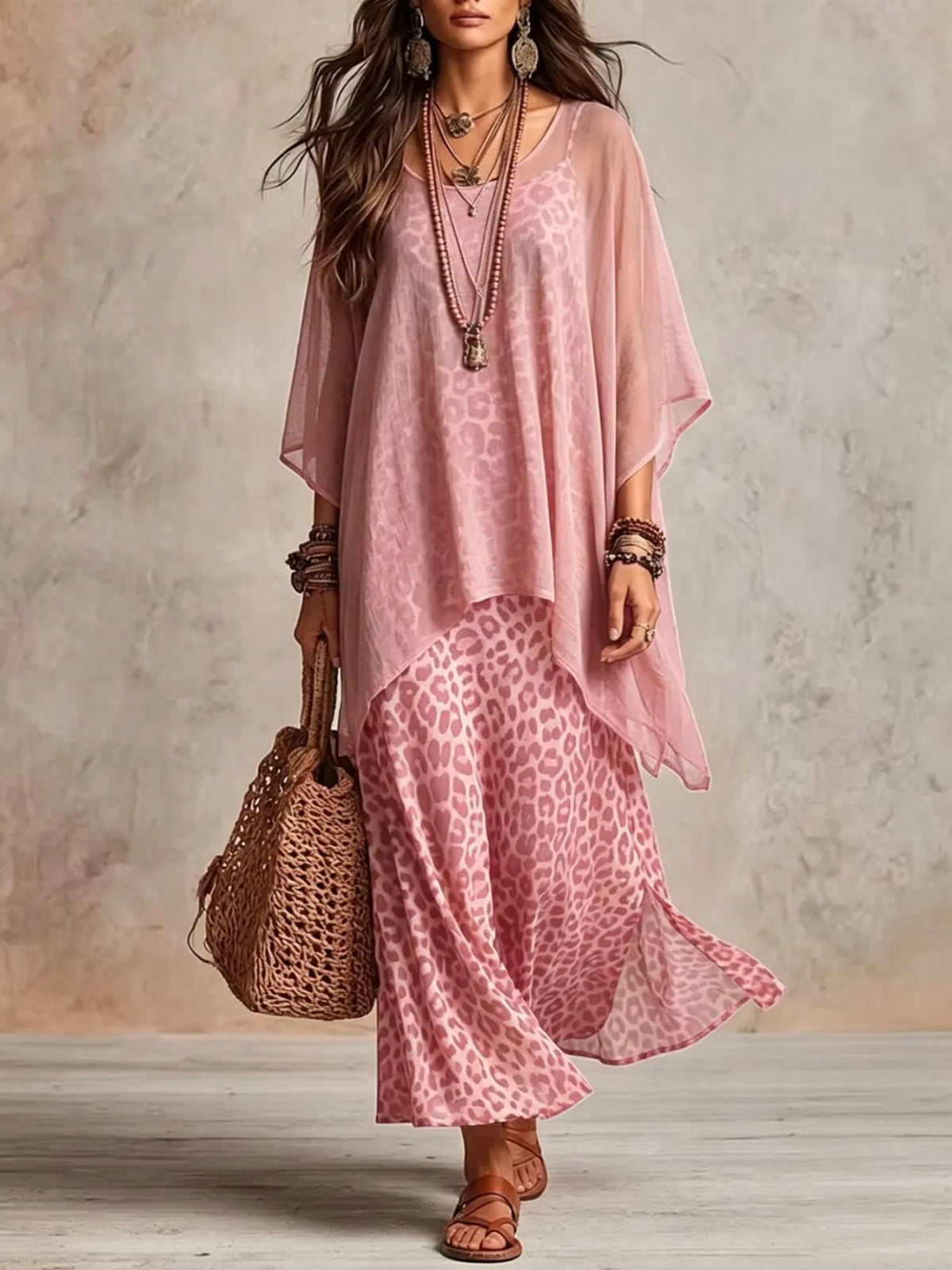 Vestido largo en capas con estampado de leopardo de estilo bohemio