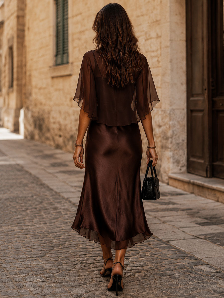 Conjunto de blusa de chifón y vestido midi de satén marrón