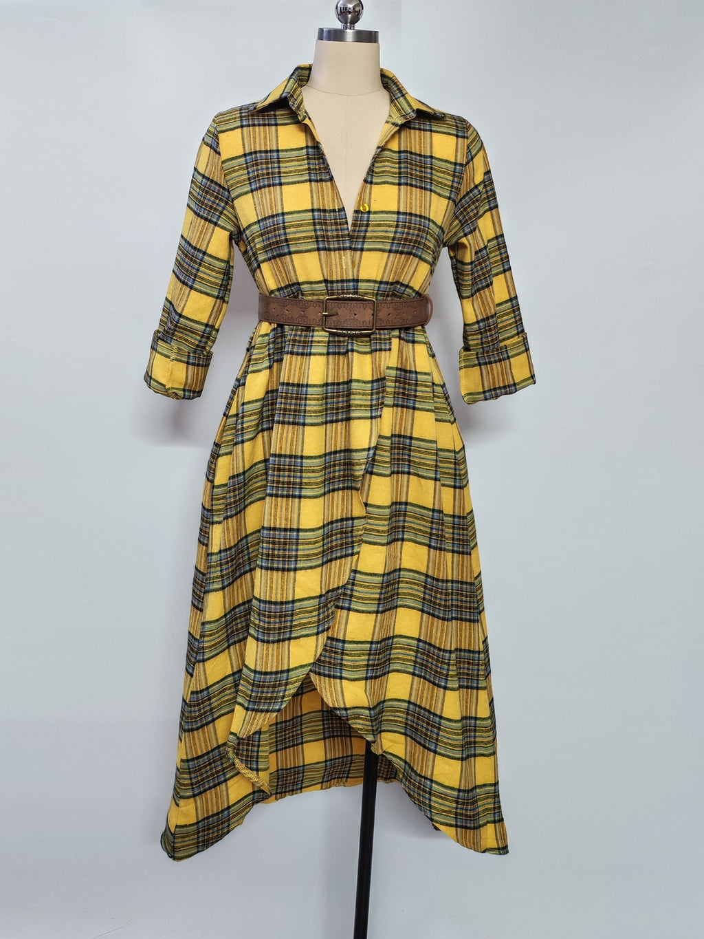 Vestido Camisero de Cuadros Retro con Cinturón