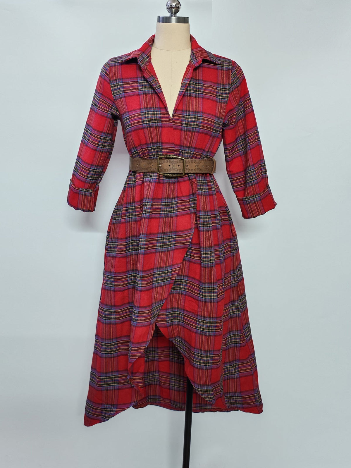 Vestido Camisero de Cuadros Retro con Cinturón
