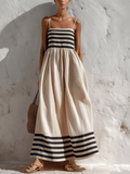 Vestido largo a rayas negras y beige con tirantes finos