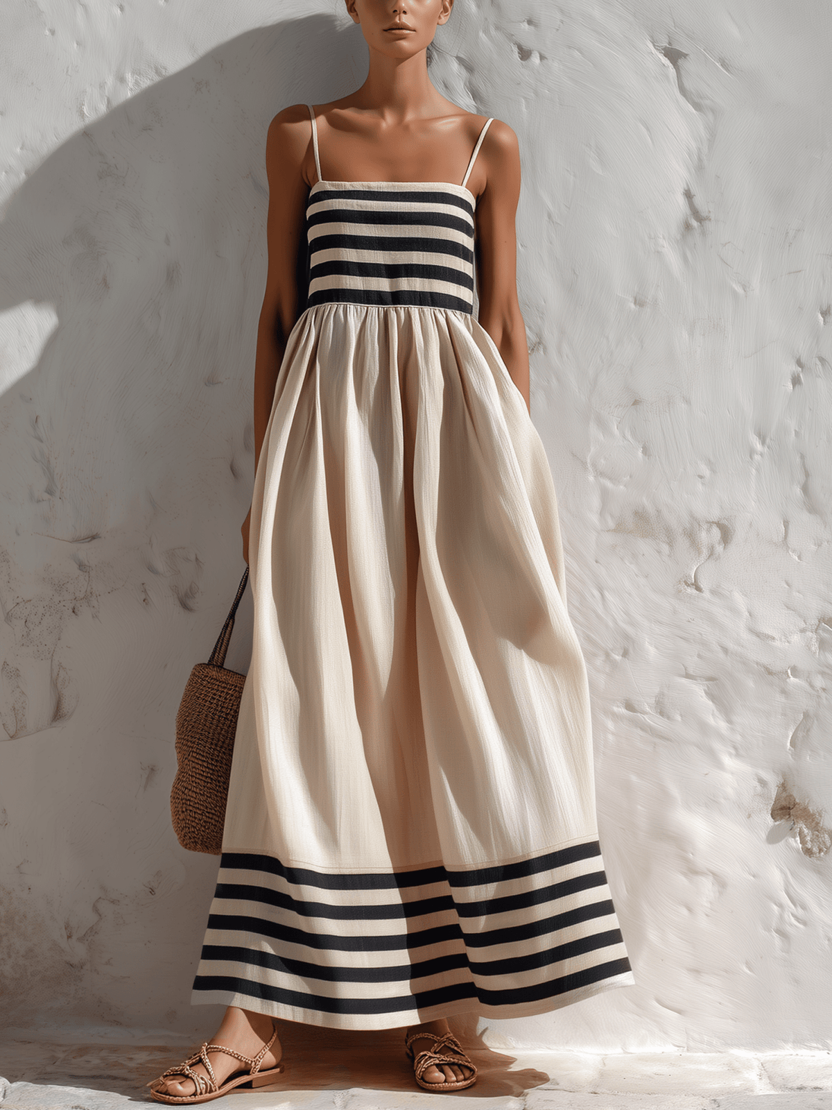 Vestido largo a rayas negras y beige con tirantes finos