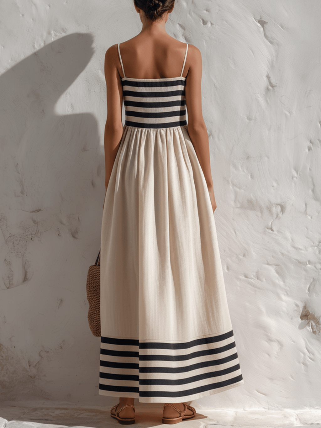 Vestido largo a rayas negras y beige con tirantes finos