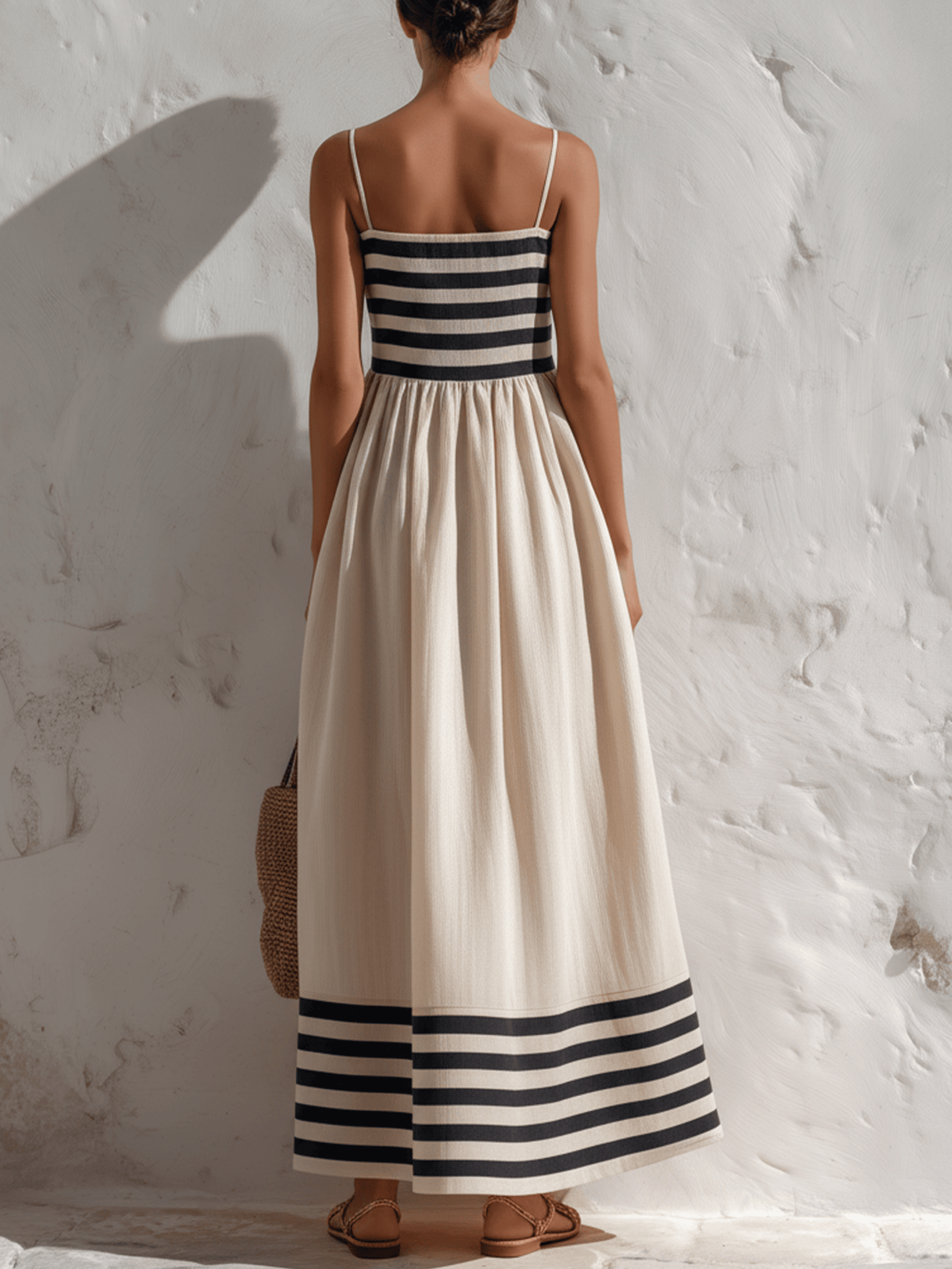 Vestido largo a rayas negras y beige con tirantes finos