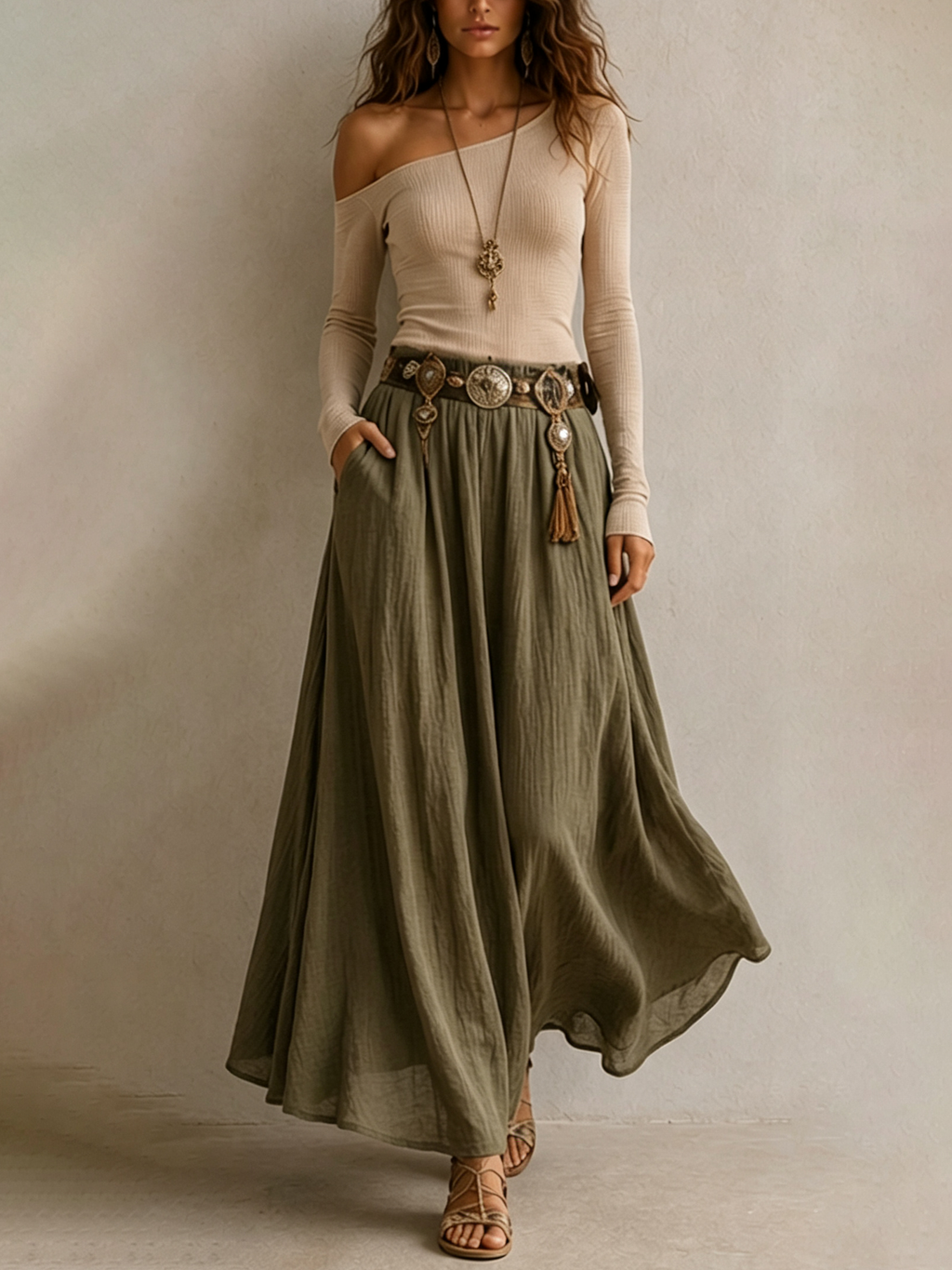Conjunto de top de hombros descubiertos y falda maxi de lino