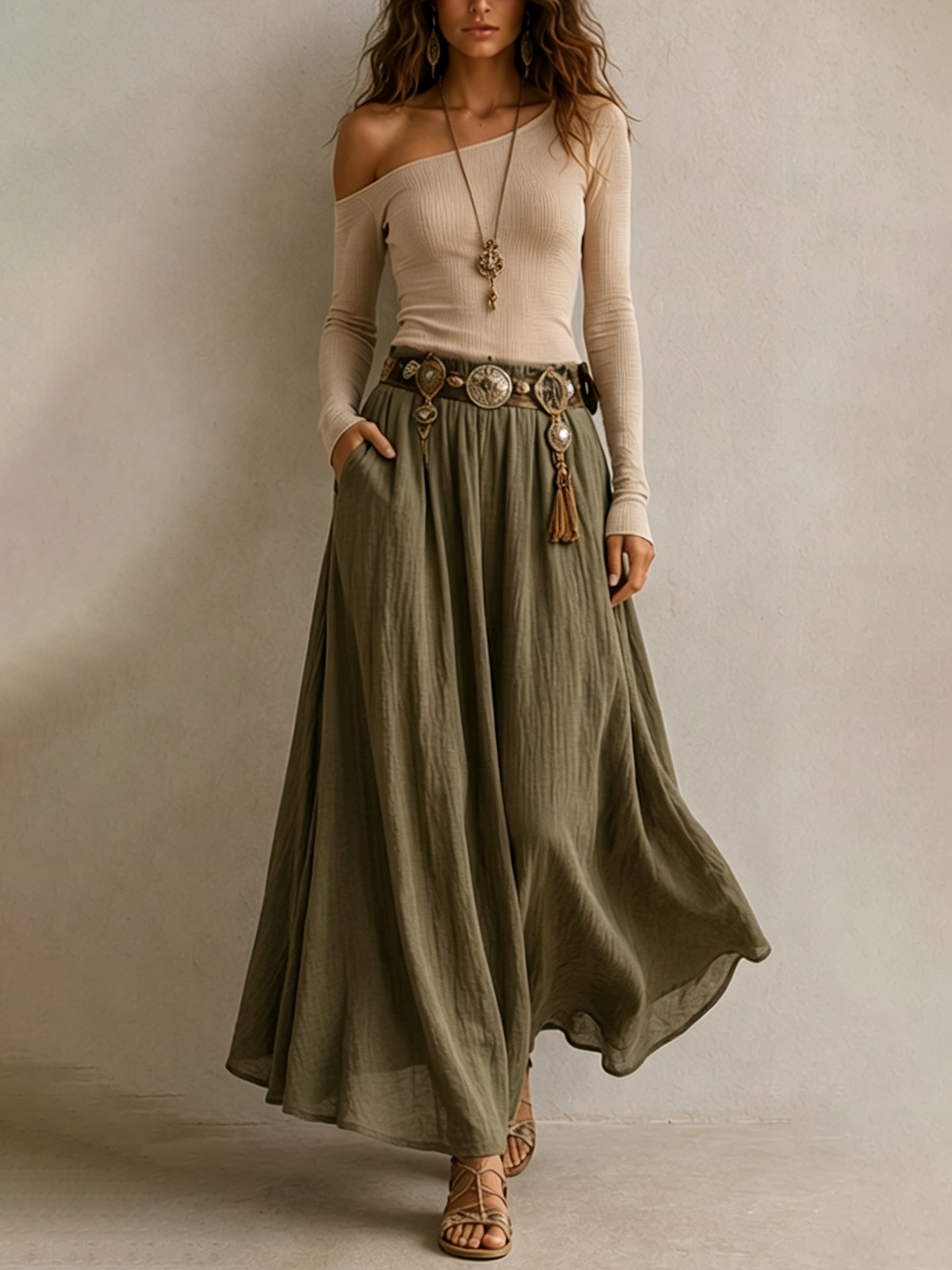 Conjunto de top de hombros descubiertos y falda maxi de lino