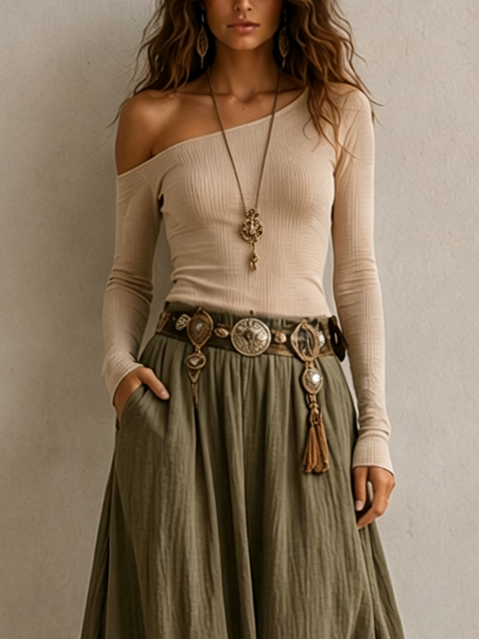 Conjunto de top de hombros descubiertos y falda maxi de lino