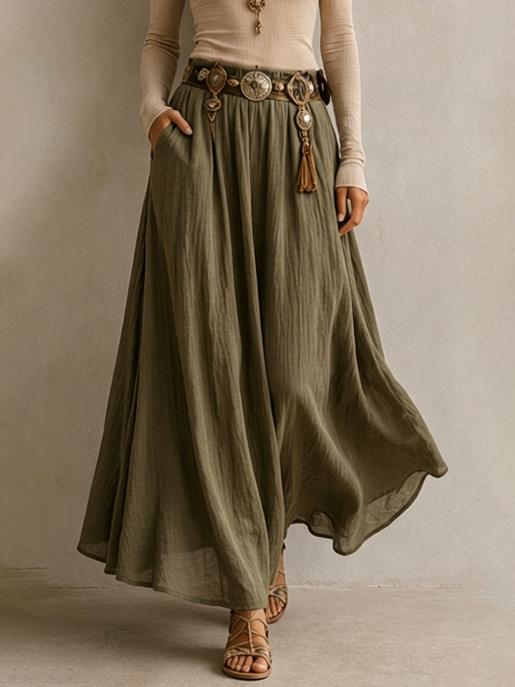 Conjunto de top de hombros descubiertos y falda maxi de lino