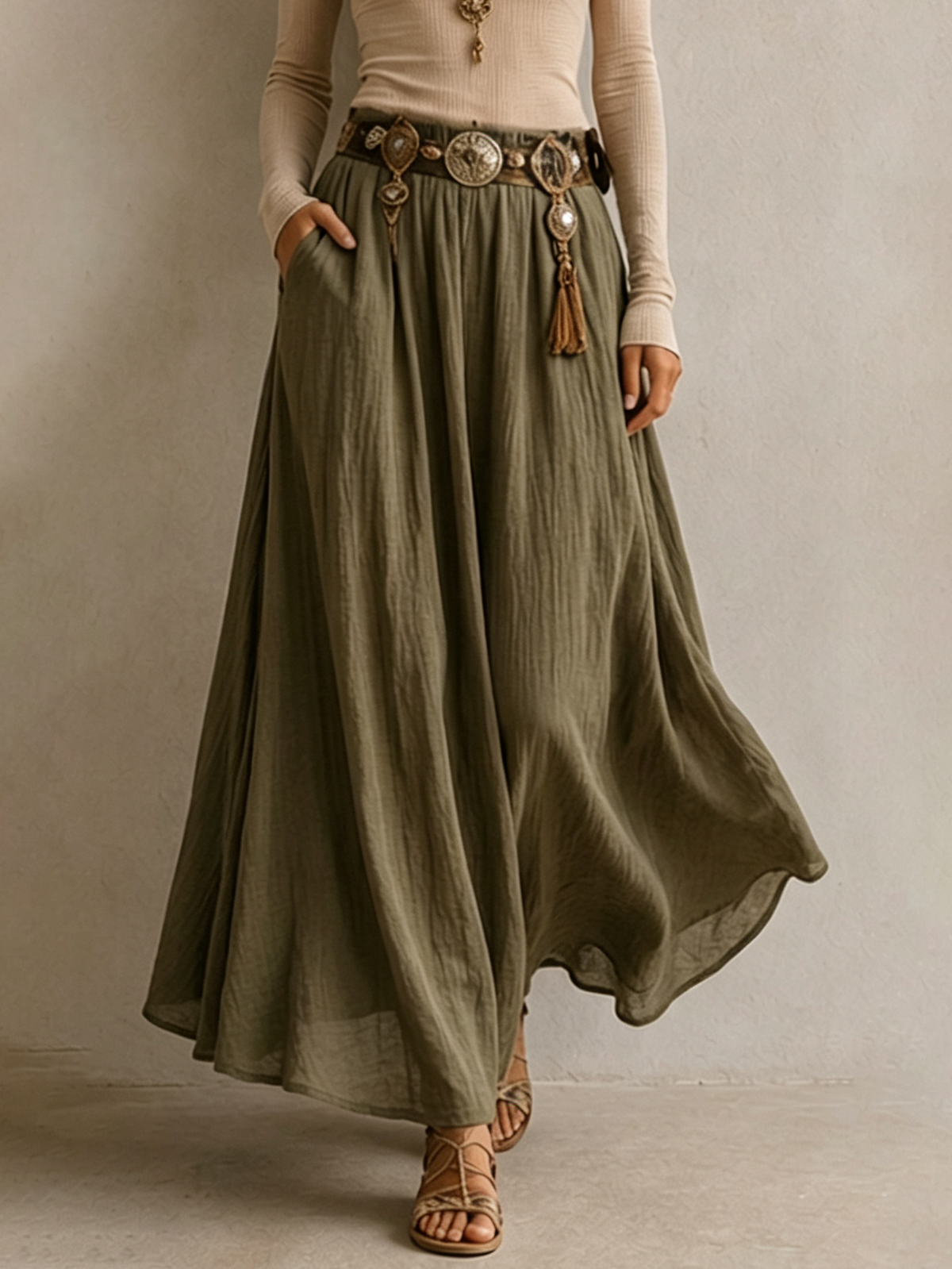 Conjunto de top de hombros descubiertos y falda maxi de lino