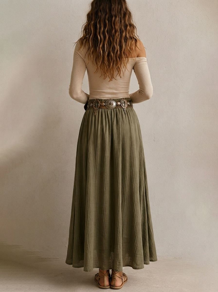 Conjunto de top de hombros descubiertos y falda maxi de lino