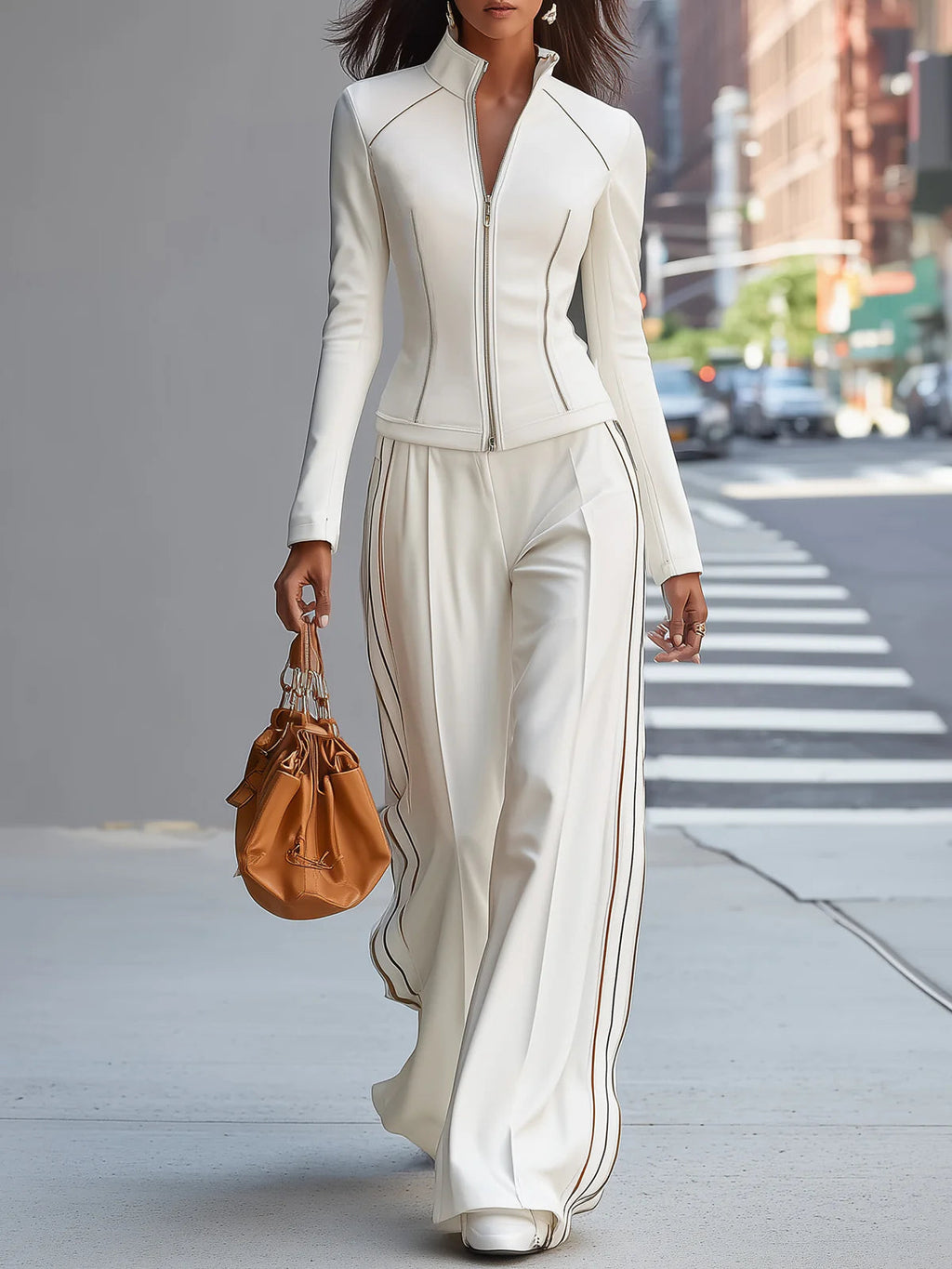 Conjunto blanco con cuello mao, cremallera y pantalón ancho