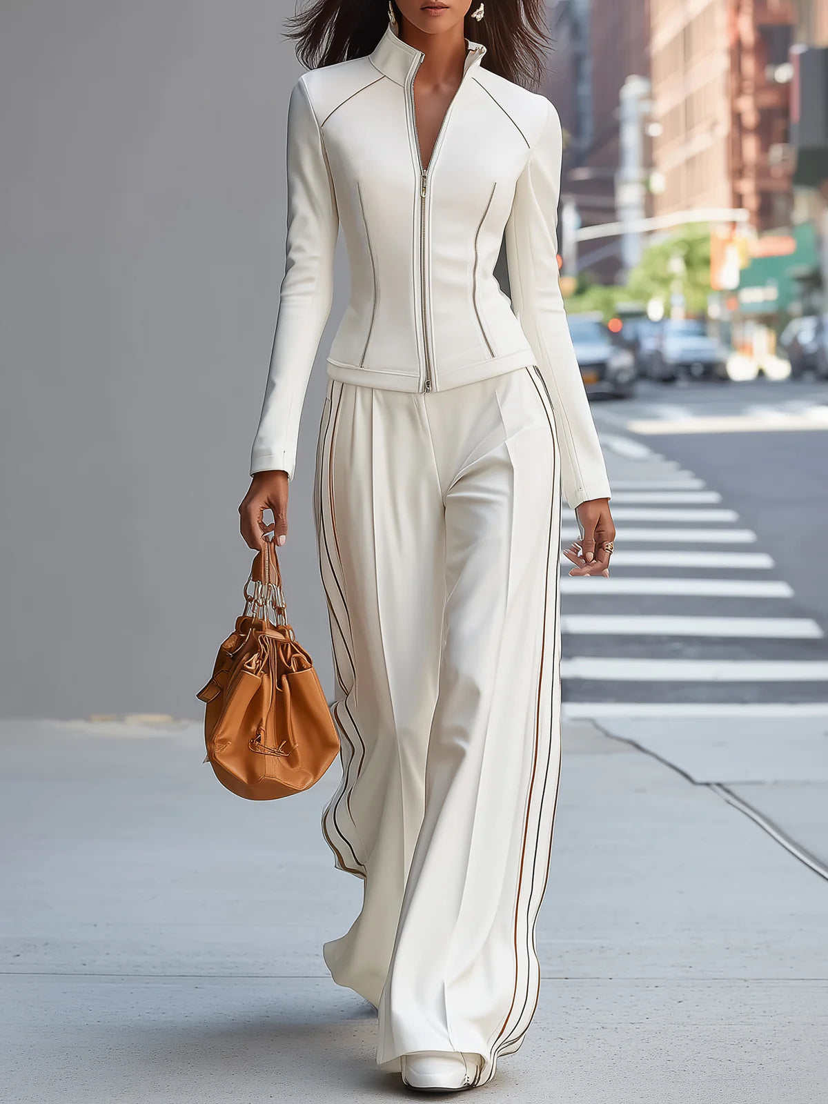 Conjunto blanco con cuello mao, cremallera y pantalón ancho
