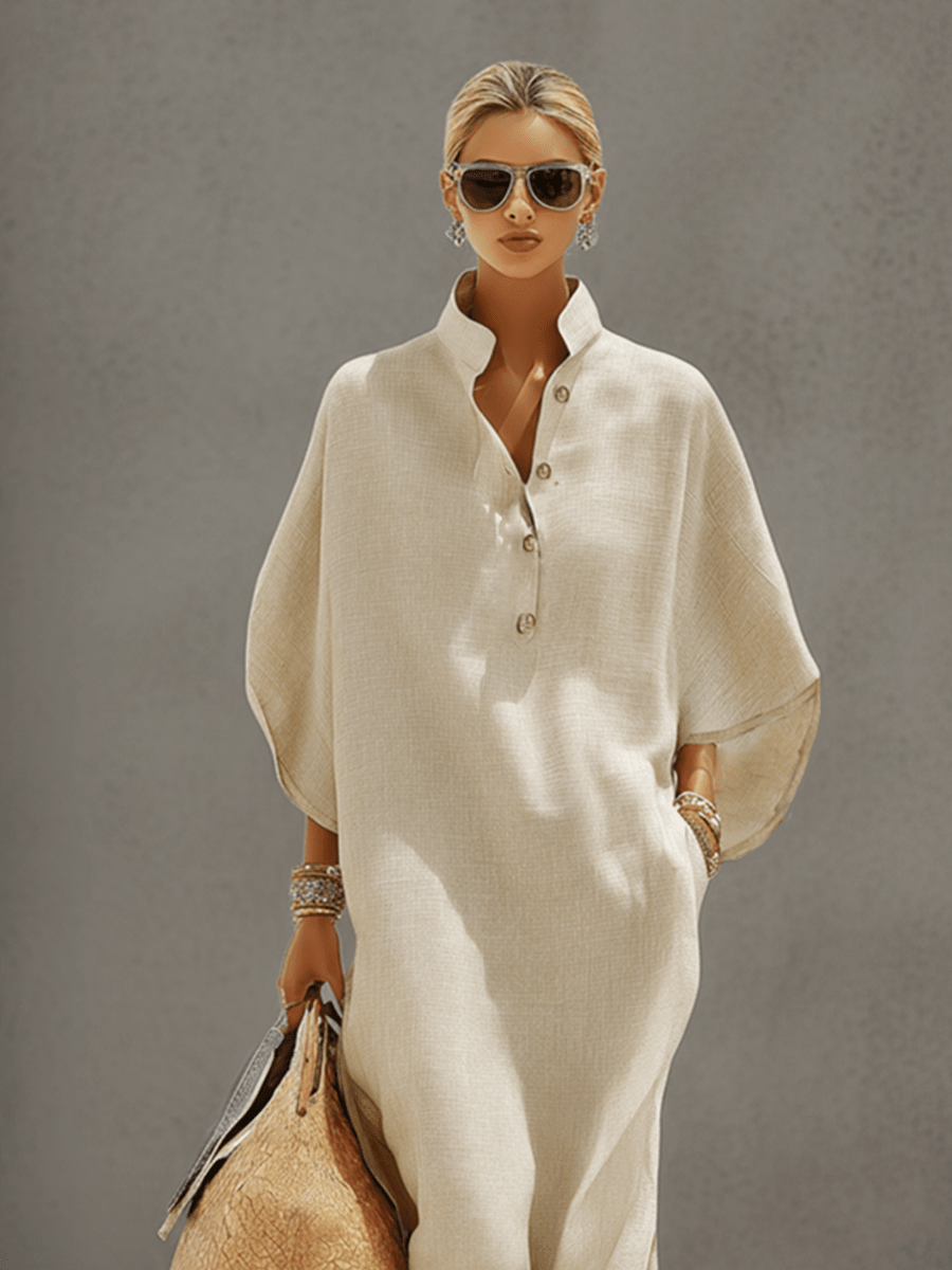 Vestido Maxi de Lino con Cuello Mao