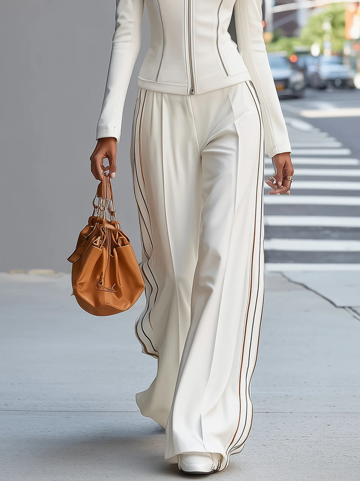 Conjunto blanco con cuello mao, cremallera y pantalón ancho