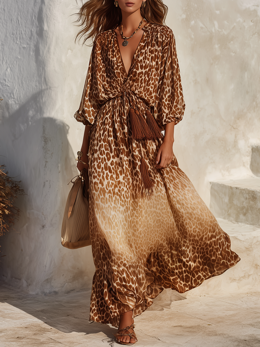 Vestido maxi retro con escote en V y estampado de leopardo