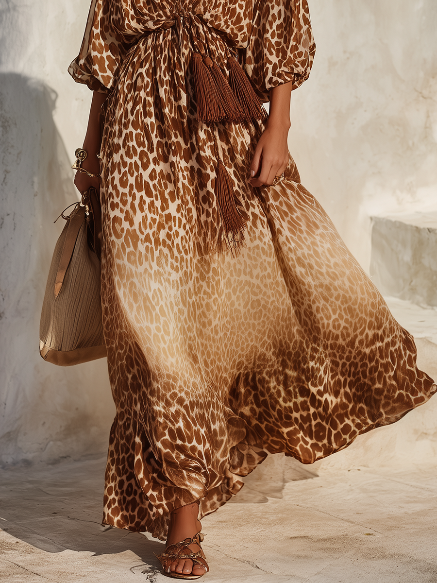 Vestido maxi retro con escote en V y estampado de leopardo