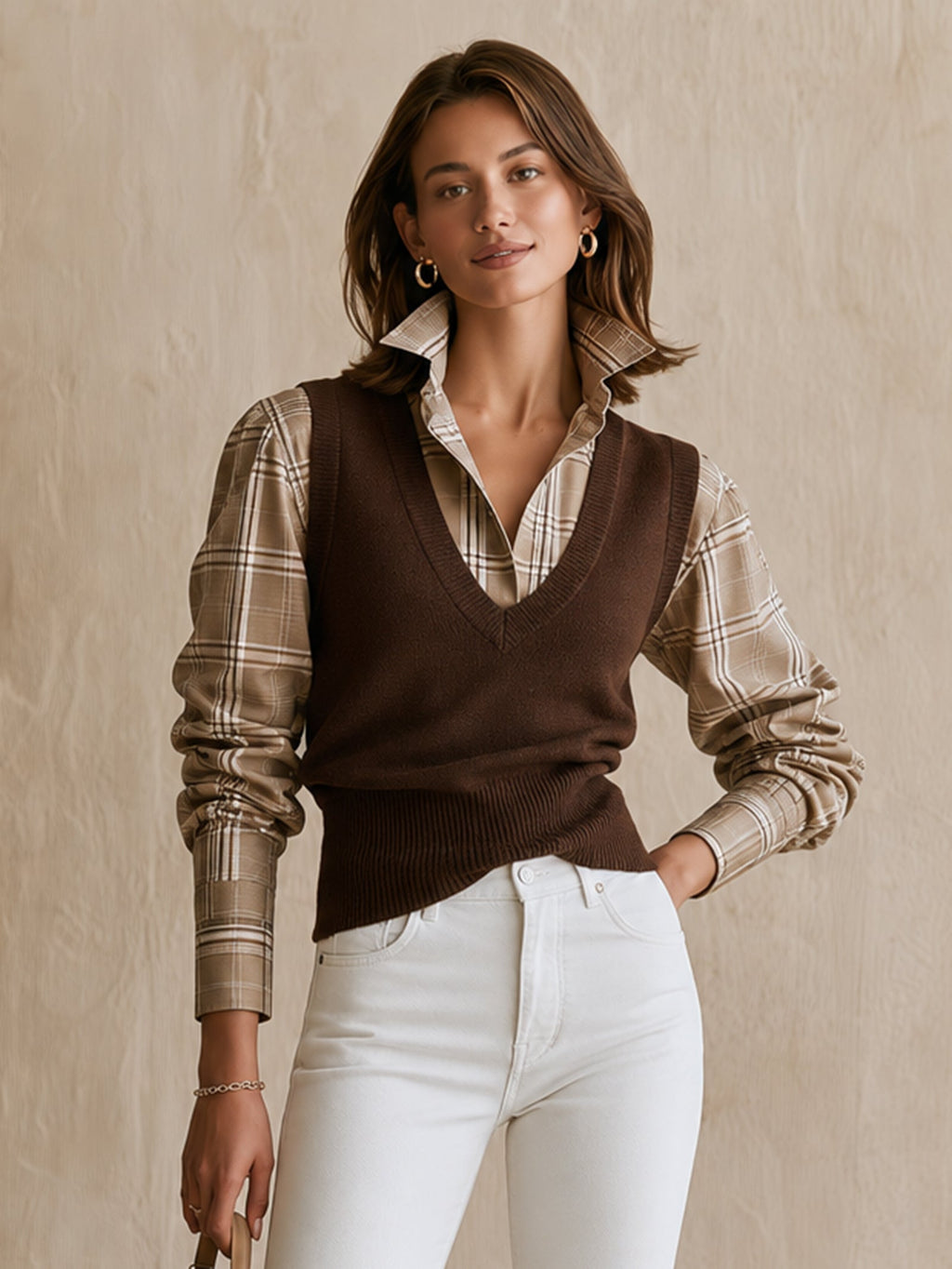 Conjunto de dos piezas compuesto por una camisa de cuadros marrón y un chaleco de punto