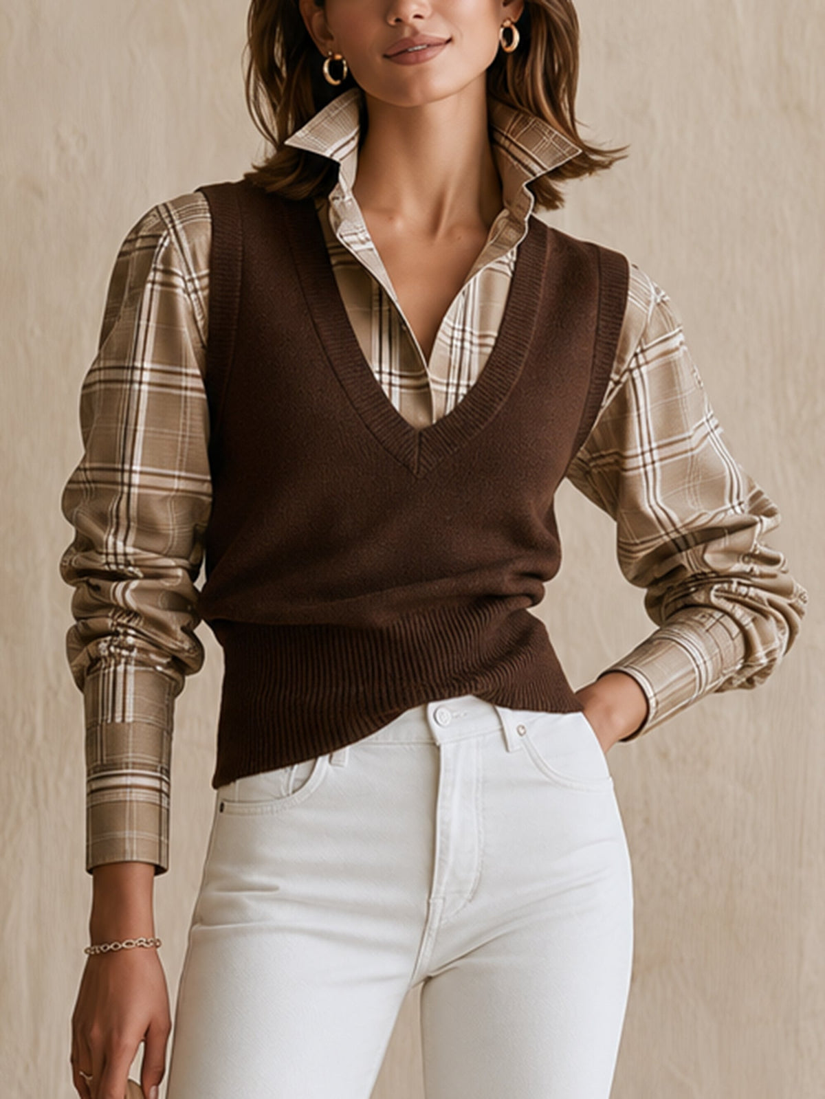 Conjunto de dos piezas compuesto por una camisa de cuadros marrón y un chaleco de punto