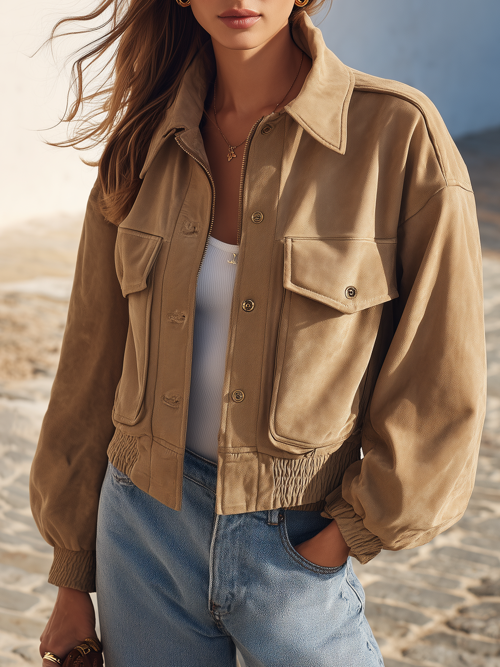Chaqueta bomber de corte corto, estilo street retro, color caqui, con efecto ante