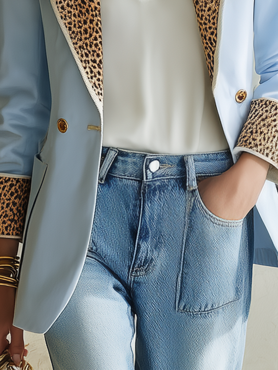 Blazer de manga larga con solapas, estilo resort, con estampado de leopardo