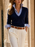 Suéter de punto elegante y moderno con cuello en V y capas superpuestas falsas