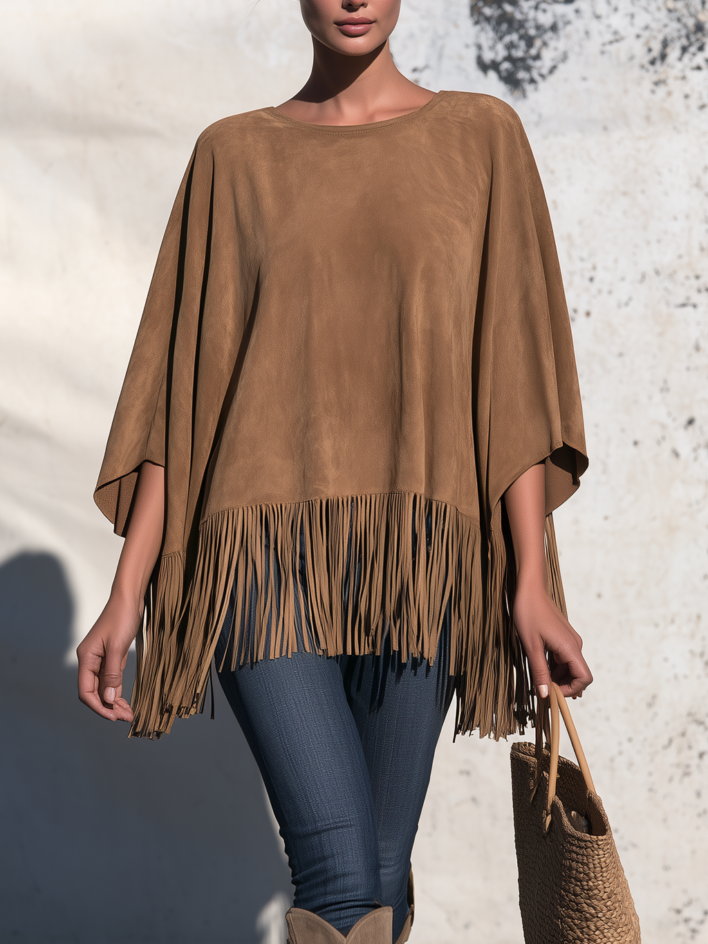 Bartolomea | Poncho de color cuero con flecos