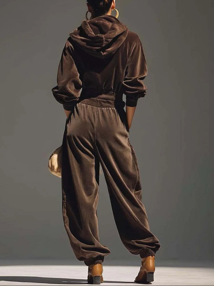 Conjunto de sudadera y pantalón de terciopelo marrón vintage (incluye cinturón)