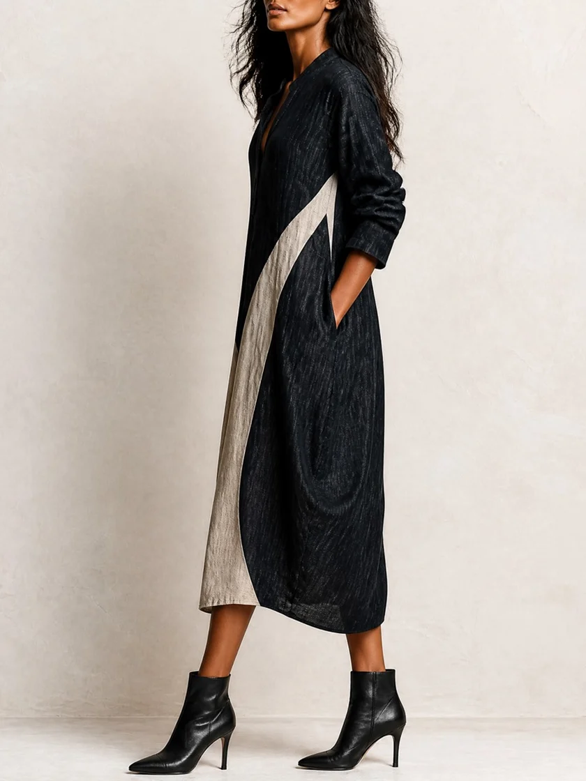 Vestido Midi Camisero Negro de Corte Holgado