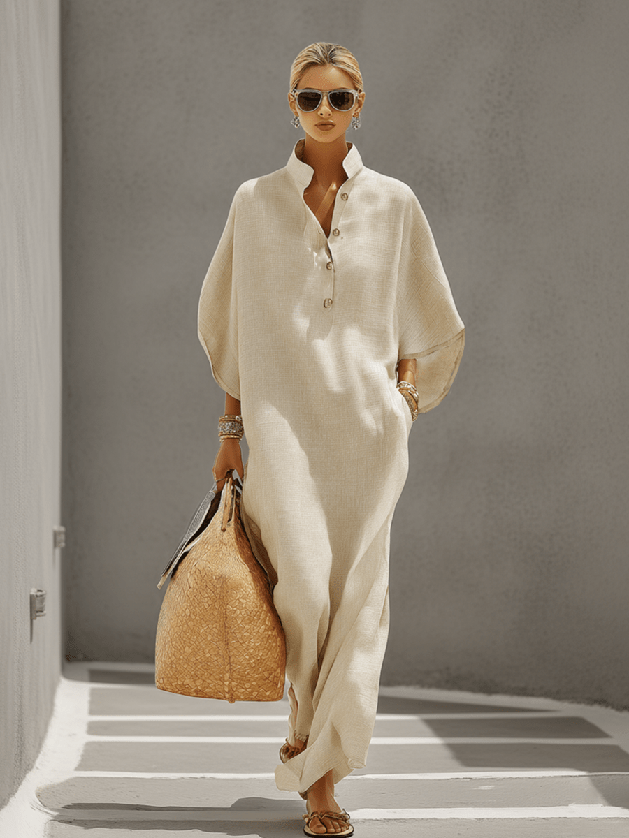 Vestido Maxi de Lino con Cuello Mao