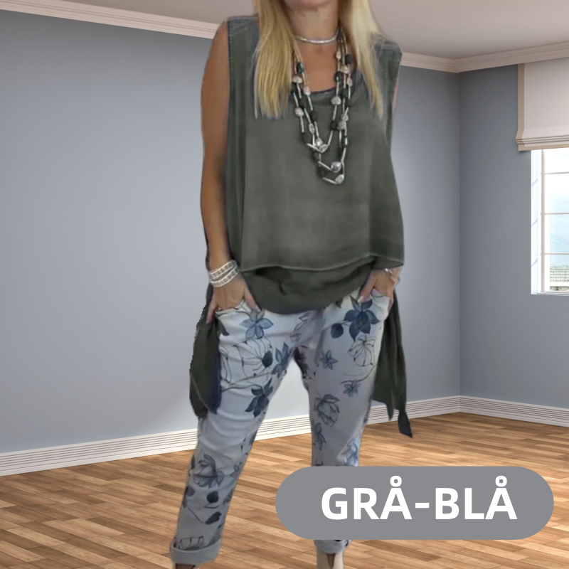 Conjunto de dos piezas para mujer: top sin mangas con dobladillo asimétrico y pantalón estampado