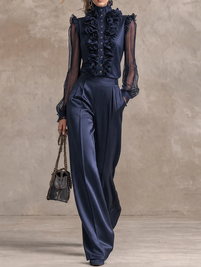 Conjunto Azul Marino de Blusa con Volantes y Pantalón Ancho