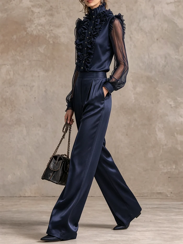 Conjunto Azul Marino de Blusa con Volantes y Pantalón Ancho