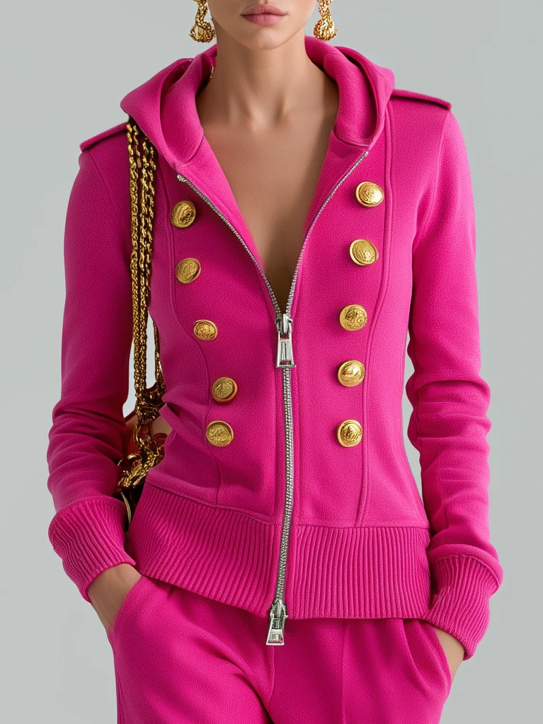 Conjunto rosa fucsia de chaqueta con capucha y pantalón ancho