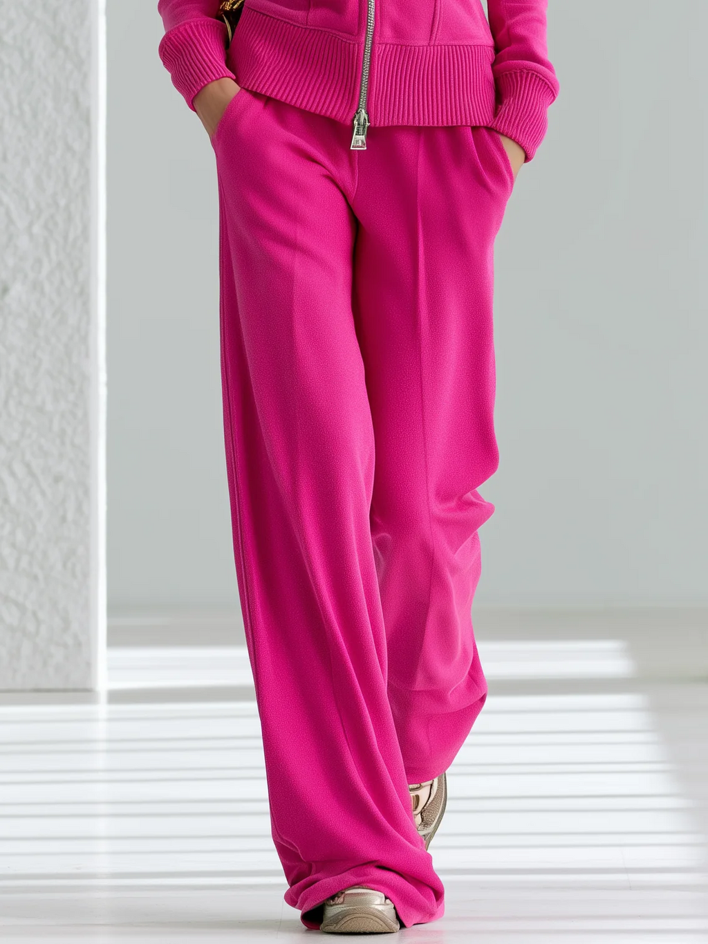 Conjunto rosa fucsia de chaqueta con capucha y pantalón ancho