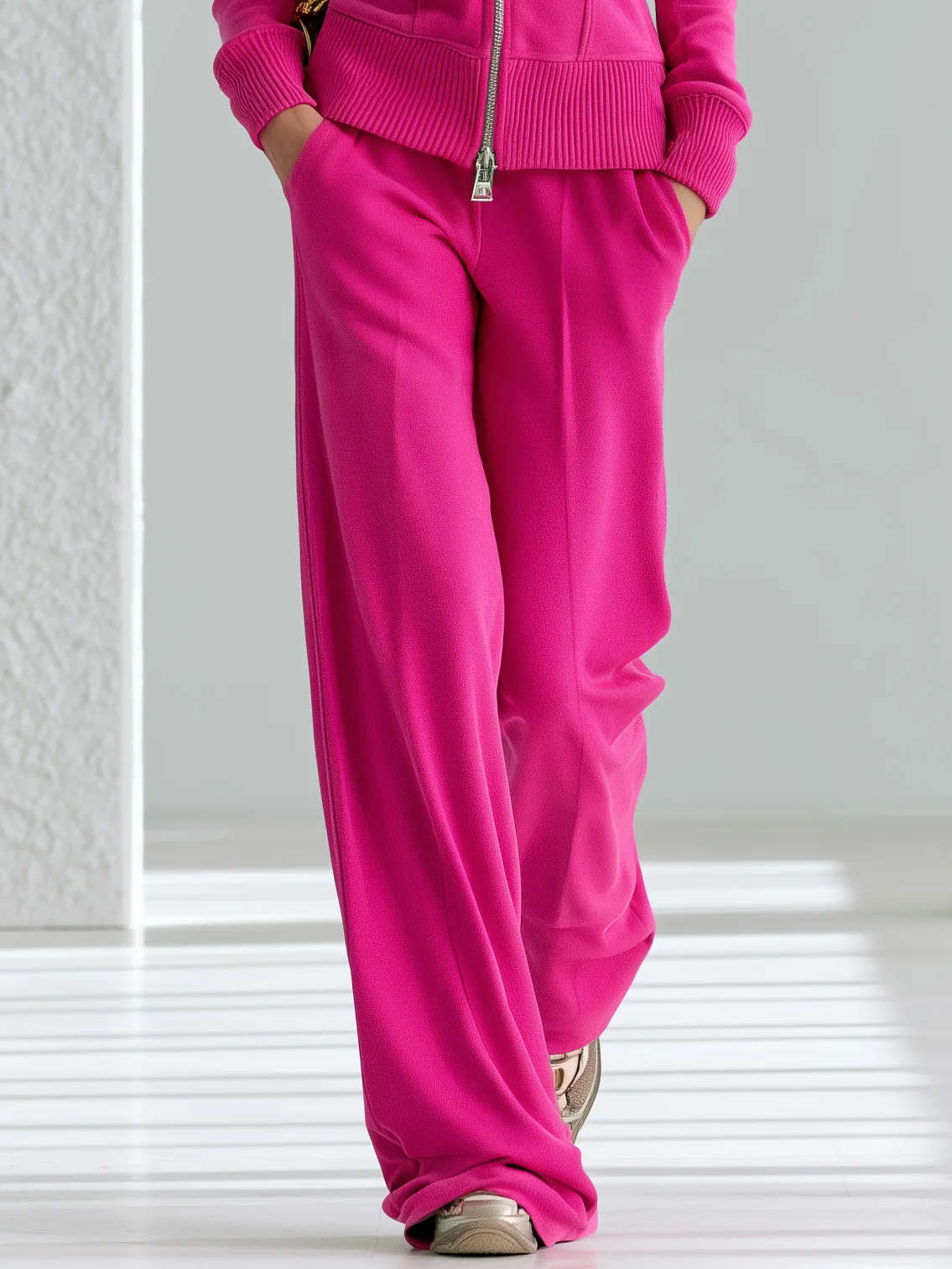 Conjunto rosa fucsia de chaqueta con capucha y pantalón ancho