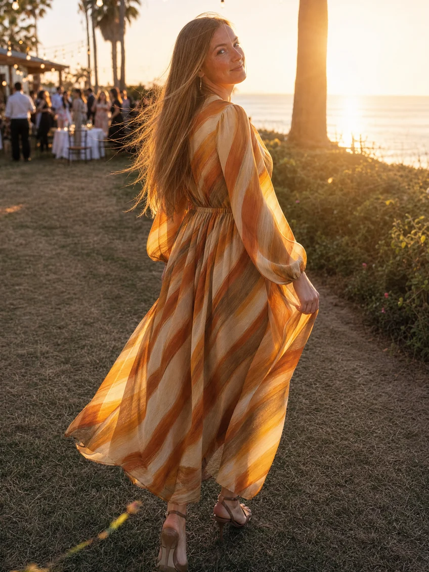 Vestido Midi Estampado Abstracto de Manga Larga con Cintura Elástica