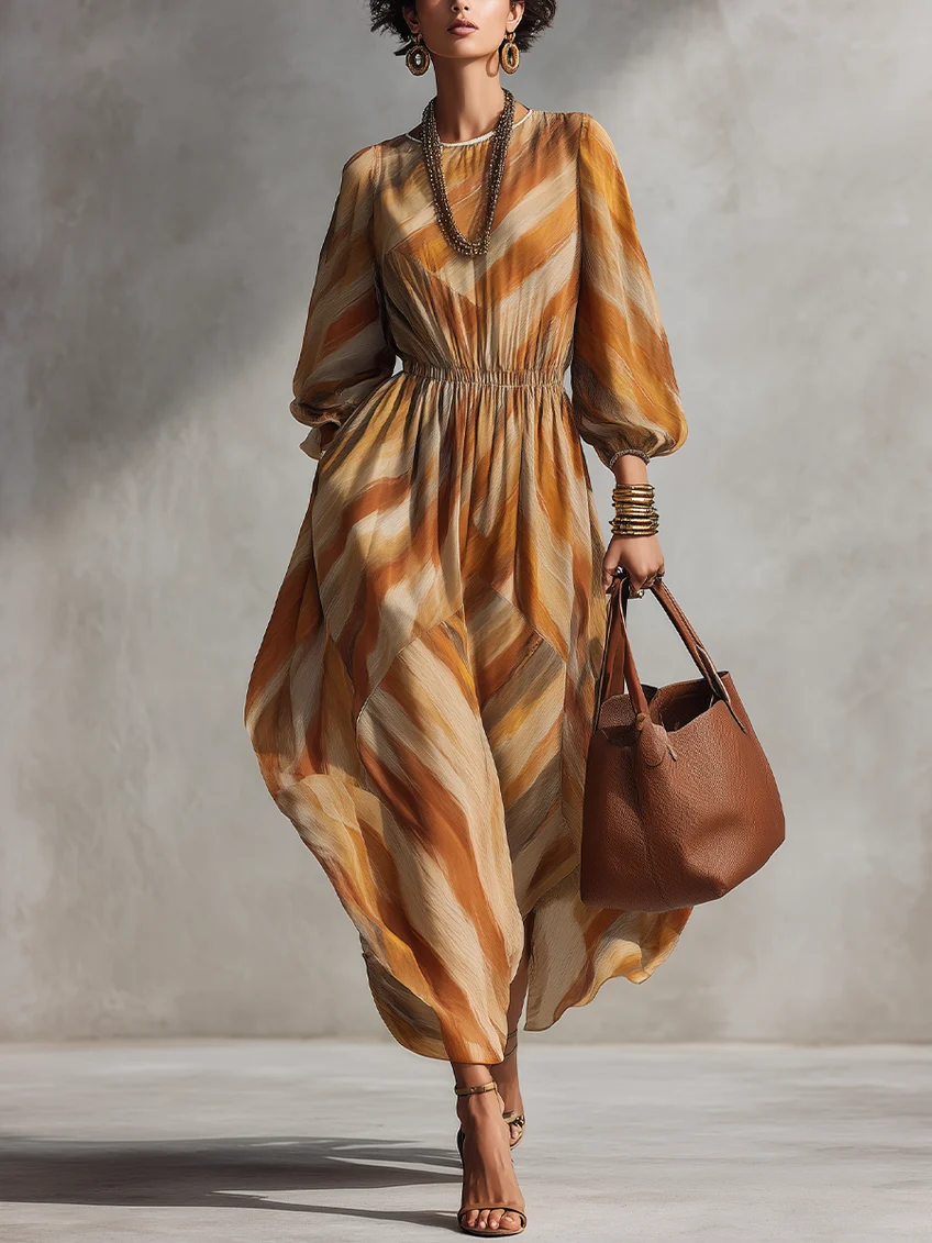 Vestido Midi Estampado Abstracto de Manga Larga con Cintura Elástica