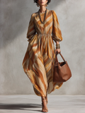 Vestido Midi Estampado Abstracto de Manga Larga con Cintura Elástica