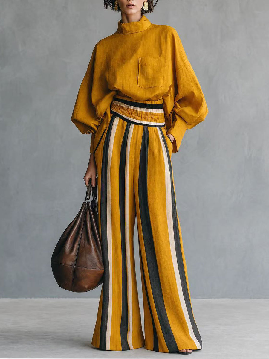 Conjunto de top holgado mostaza y pantalón ancho a rayas