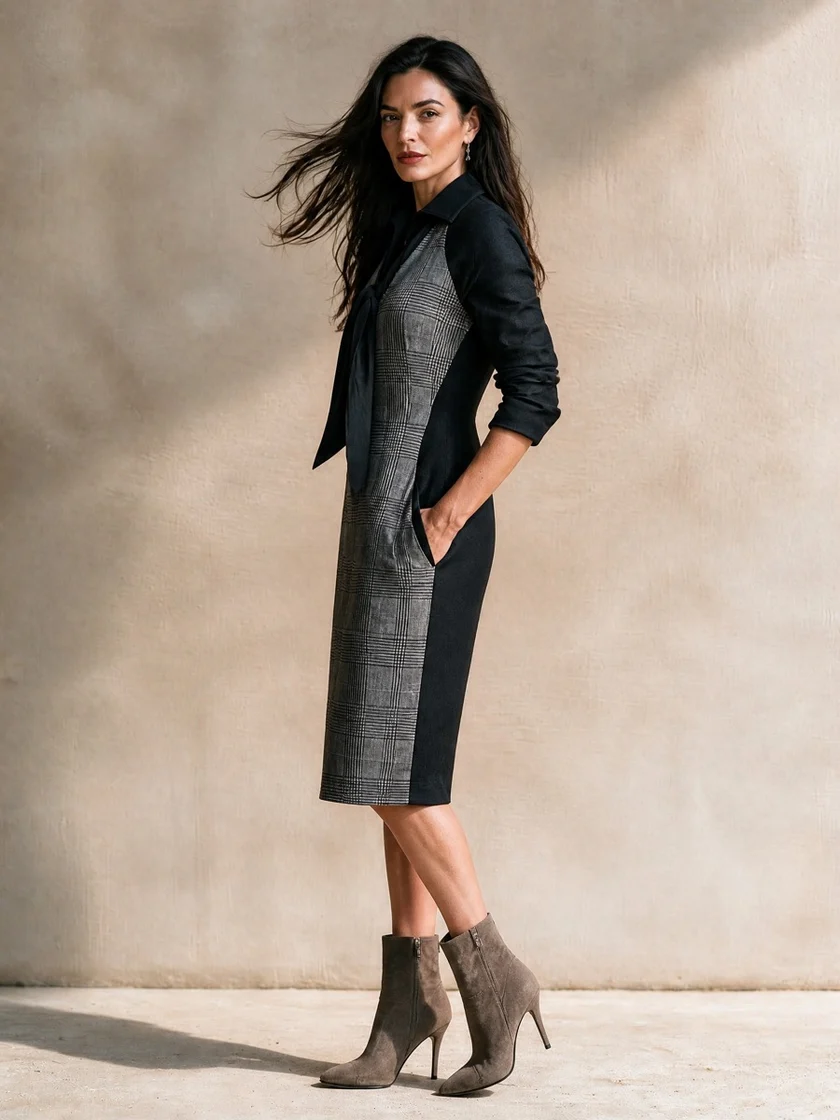 Vestido midi de cuadros con cuello de lazo en negro