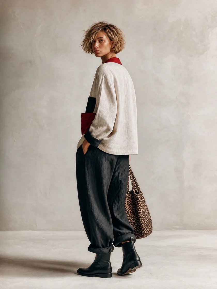 Conjunto de camisa con bloques de color y bolsillos, y pantalón ancho negro