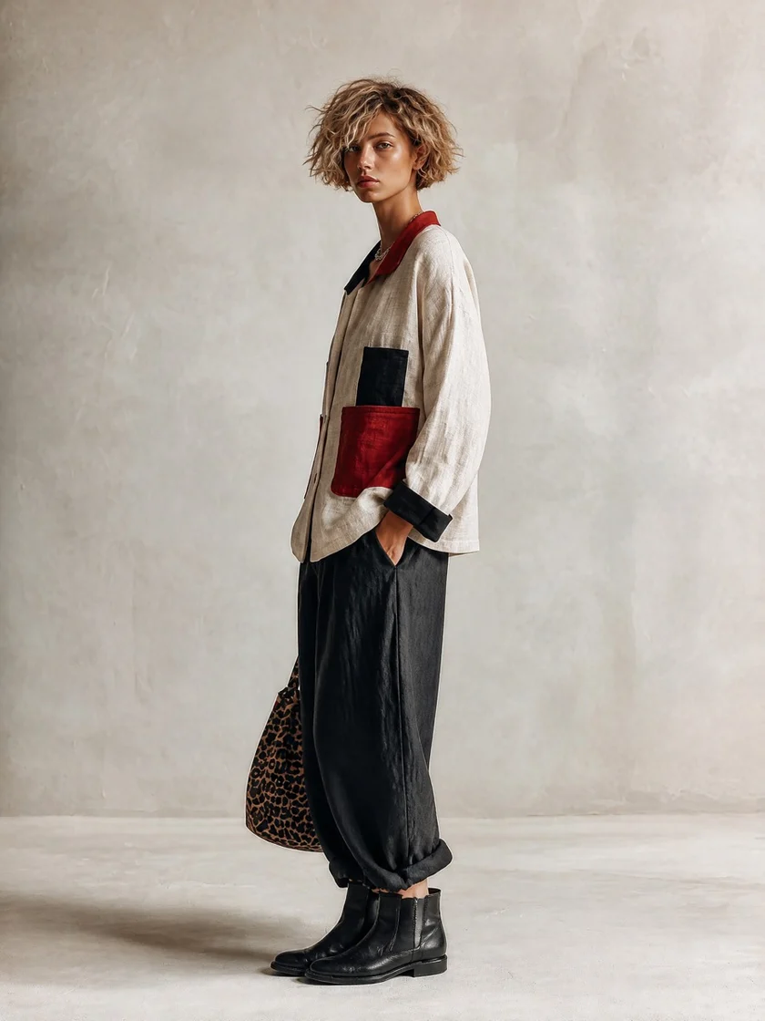 Conjunto de camisa con bloques de color y bolsillos, y pantalón ancho negro