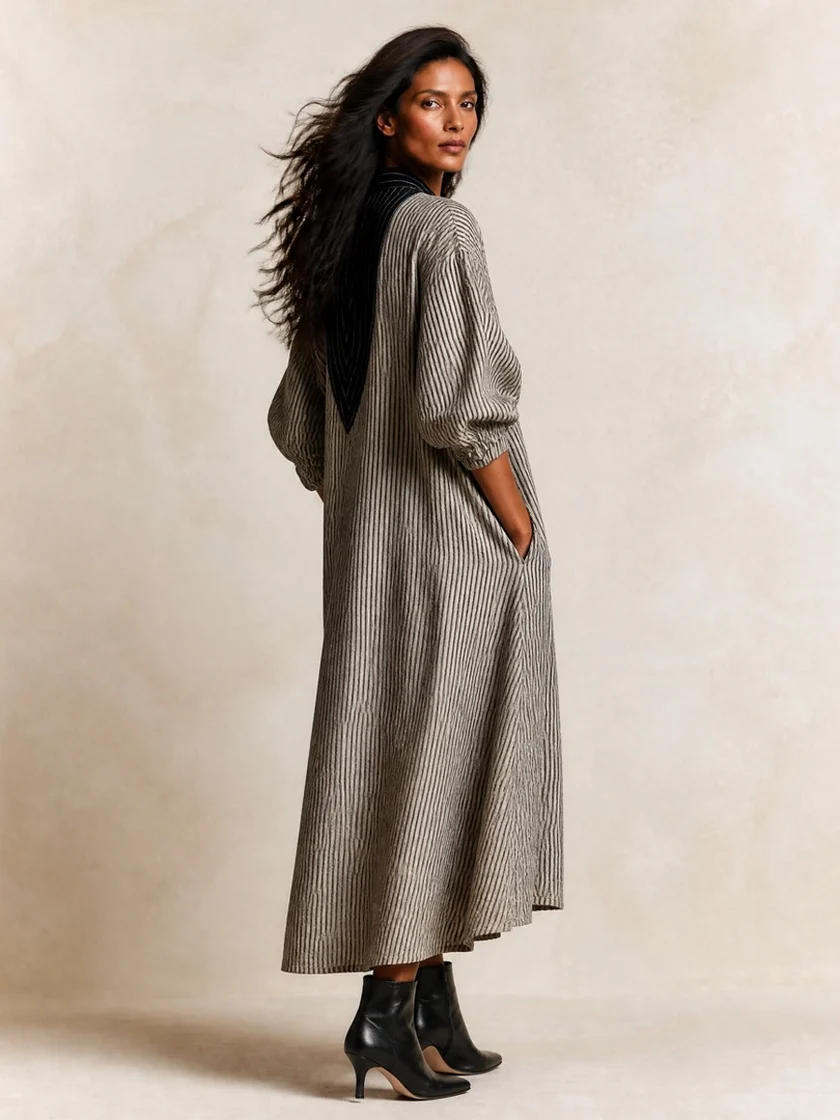 Vestido maxi holgado a rayas con cuello en contraste negro