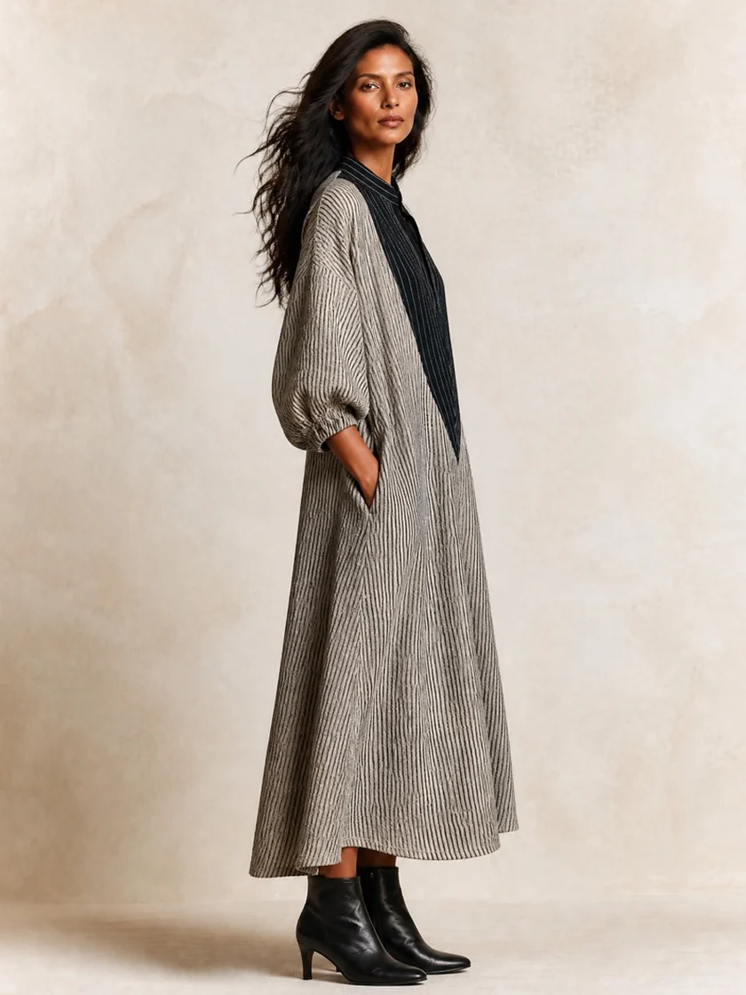 Vestido maxi holgado a rayas con cuello en contraste negro