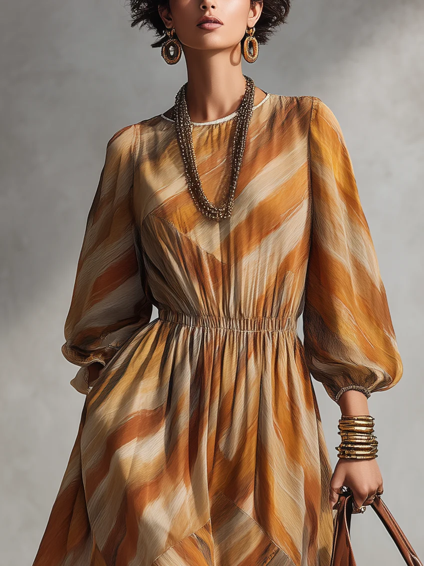 Vestido Midi Estampado Abstracto de Manga Larga con Cintura Elástica